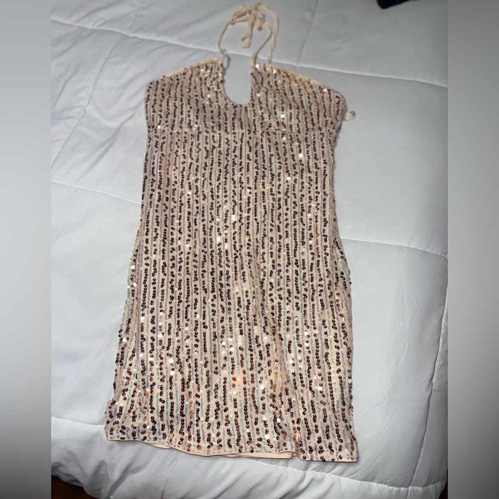 iris Champagne Sequin Halter Mini Dress